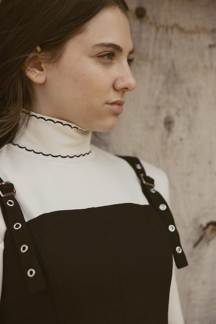 Cream Mockneck with Black Embro - Cream