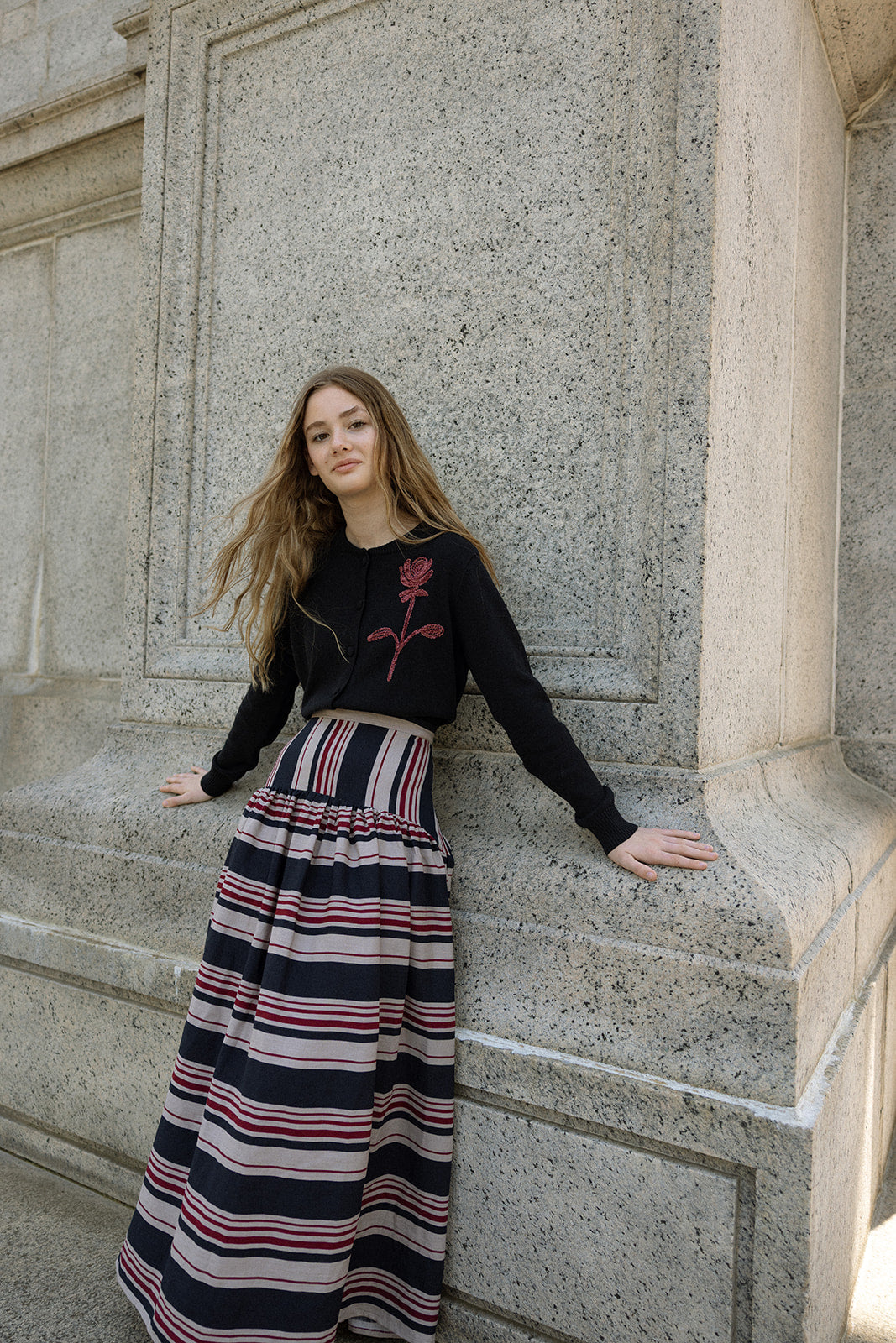 Navy Multi Striped Drop Waiste Skirt - Stripe