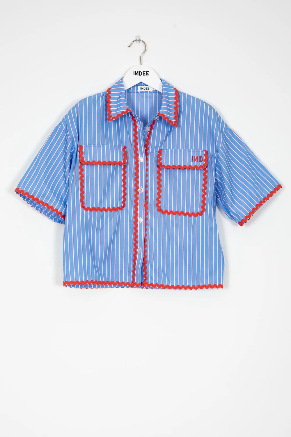 Short Sleeve Striped Cotton Shirt - Denim Blue