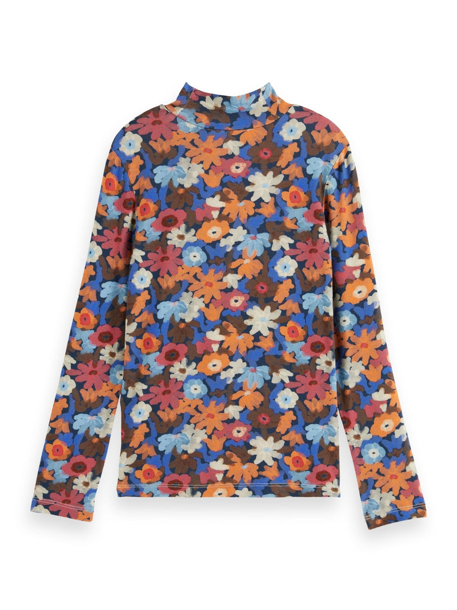 Allover Printed Mock Neck Long - Sleeeved T - Shirt - Flowers - Posh New York