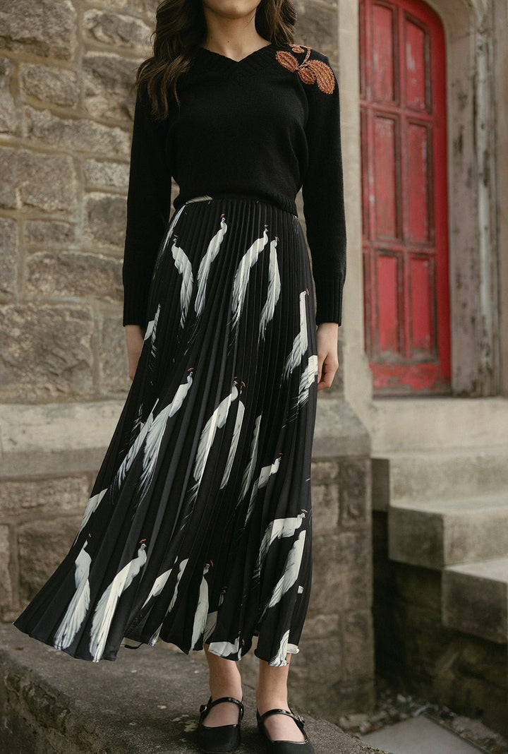 Black Birds Pleated Skirt - Black - Posh New York
