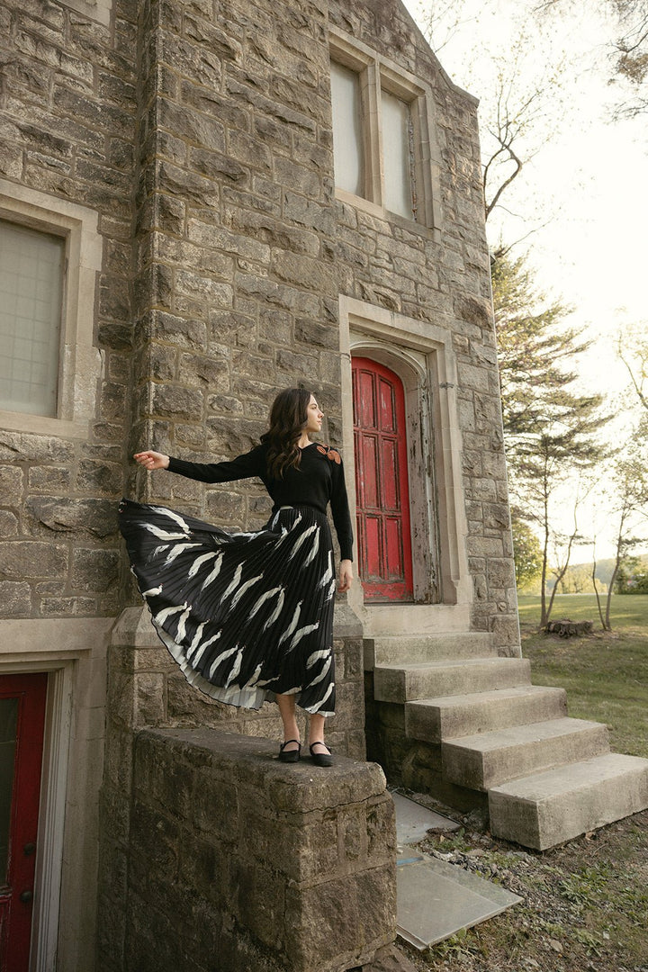 Black Birds Pleated Skirt - Black - Posh New York