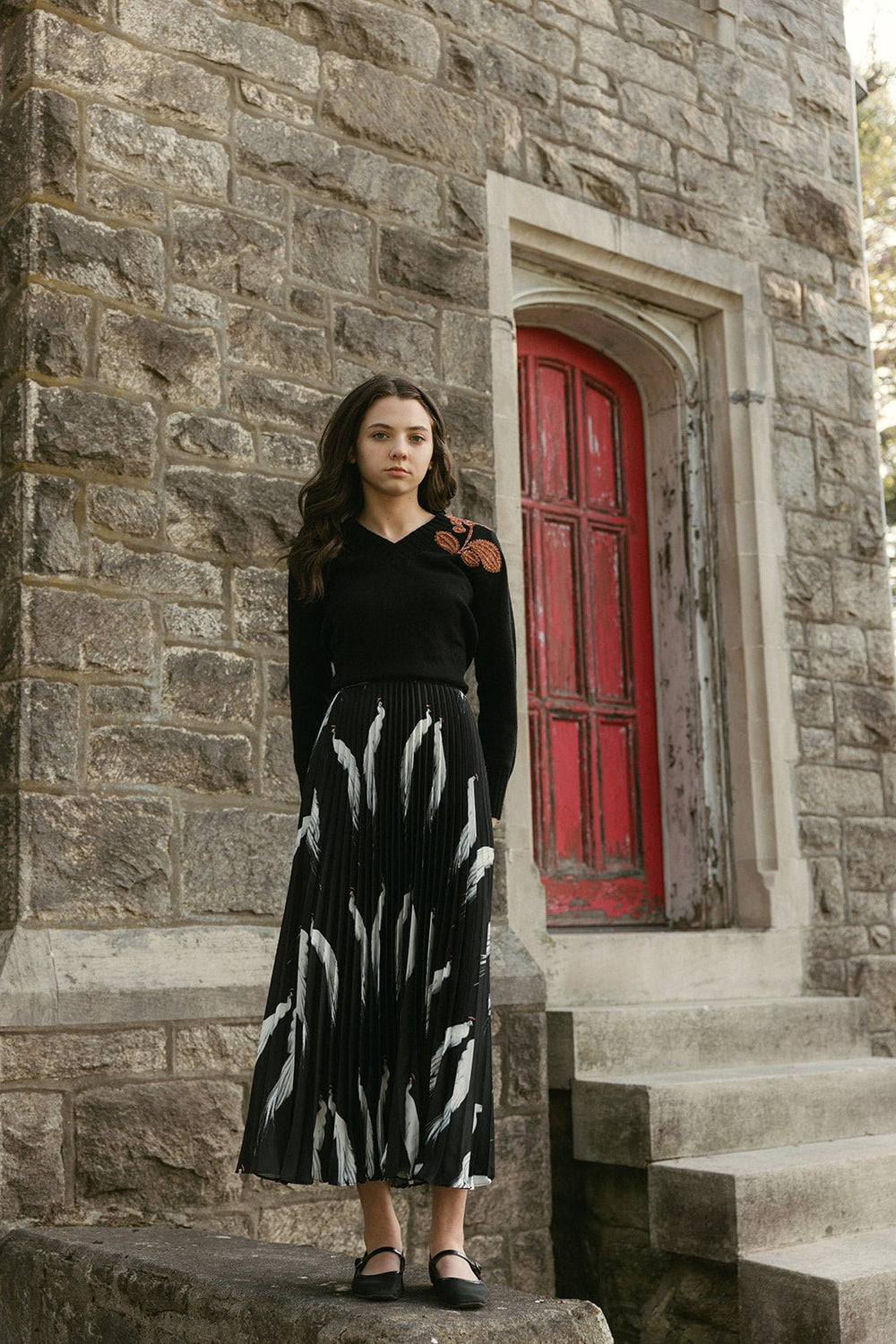 Black Birds Pleated Skirt - Black - Posh New York