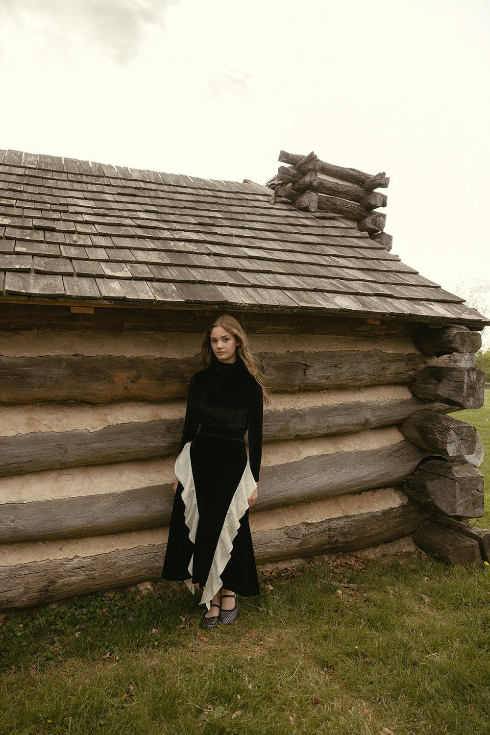 Black Velvet Skirt with White Ruffle - Black - Posh New York