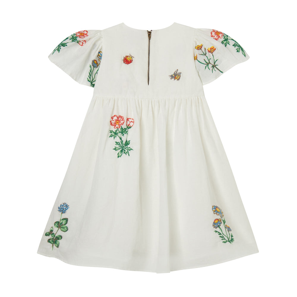 Cotton Linen Dress with Flowers Embro - White - Posh New York