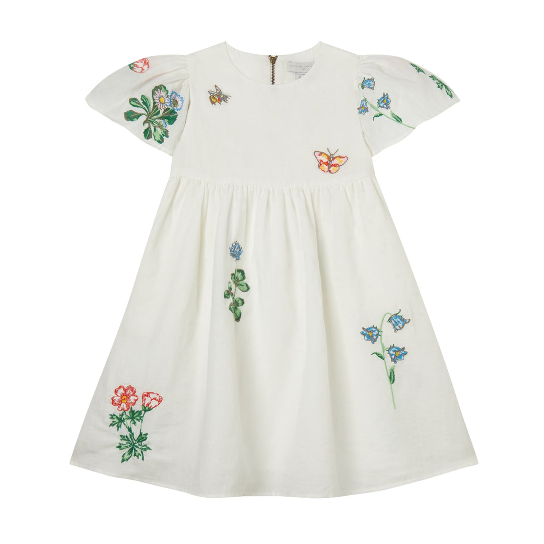 Cotton Linen Dress with Flowers Embro - White - Posh New York