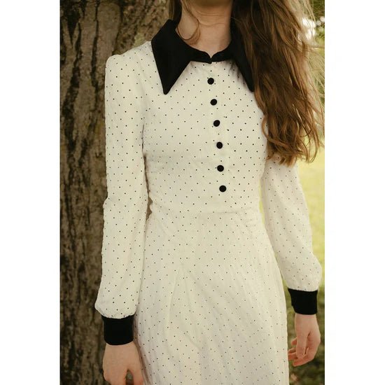Cream Polka Dot Collared Dress - White - Posh New York