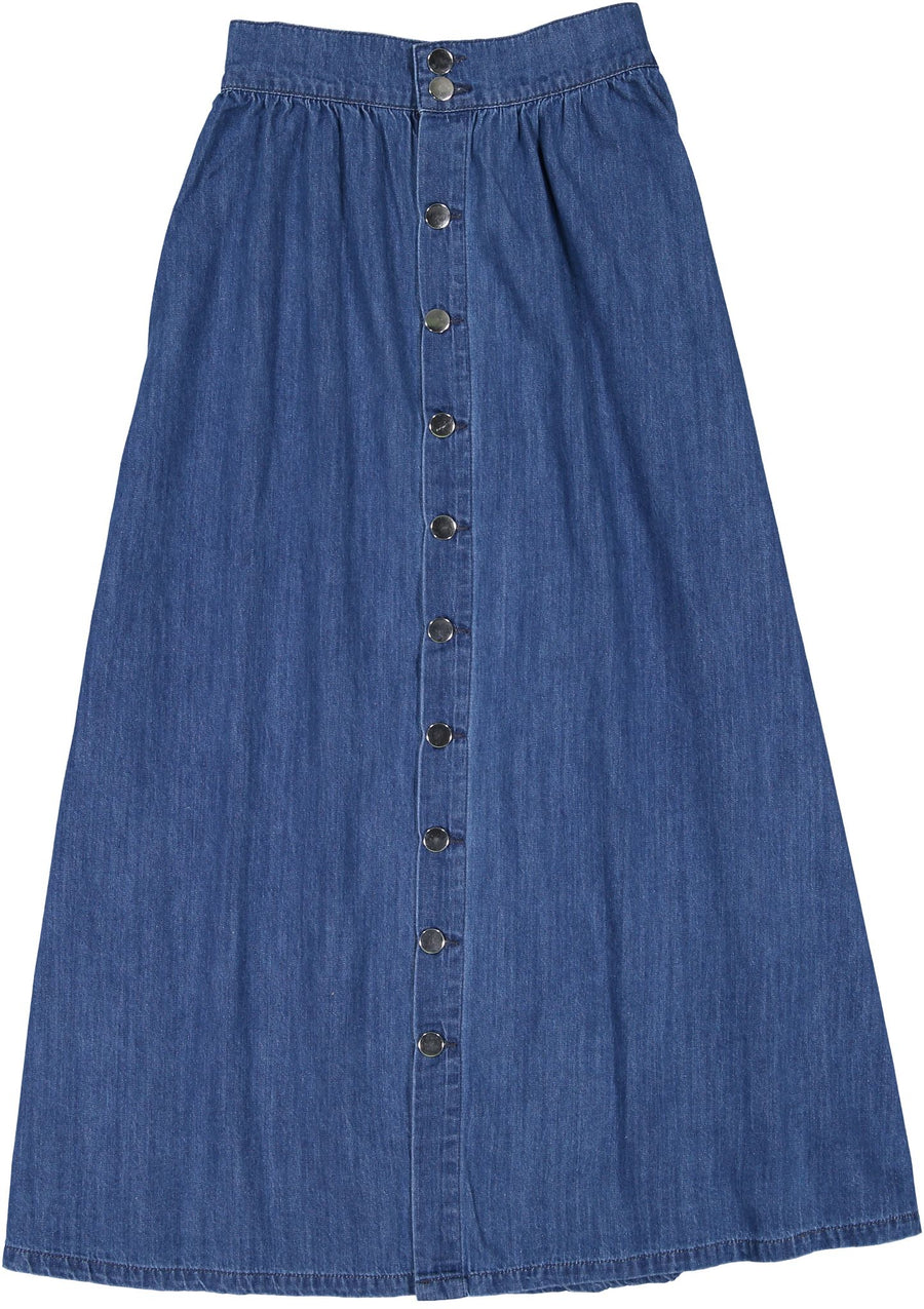 Denim Long Botton Skirt - Dark Blue - Posh New York