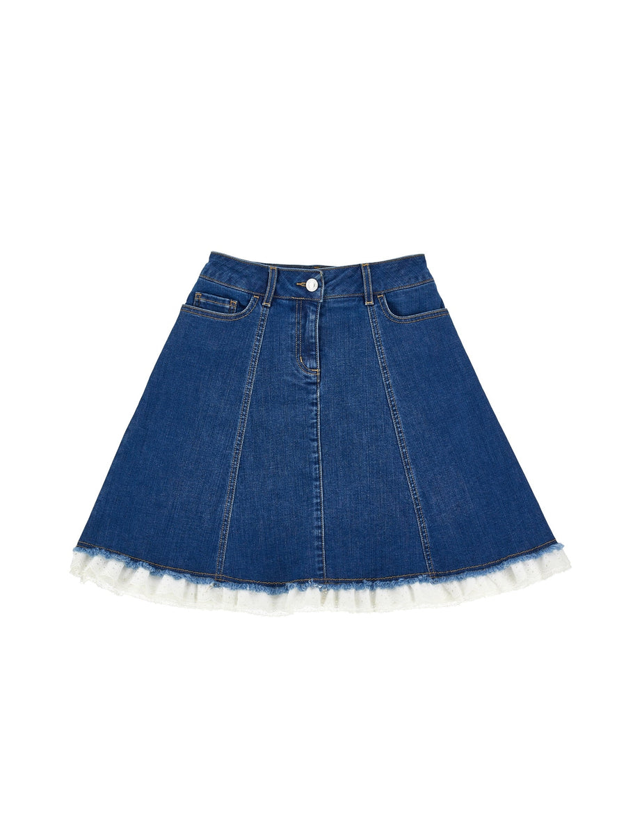 Dnim Skirt With Eyelet Lace Trim On Hem - 0062 Denim Blue - Posh New York