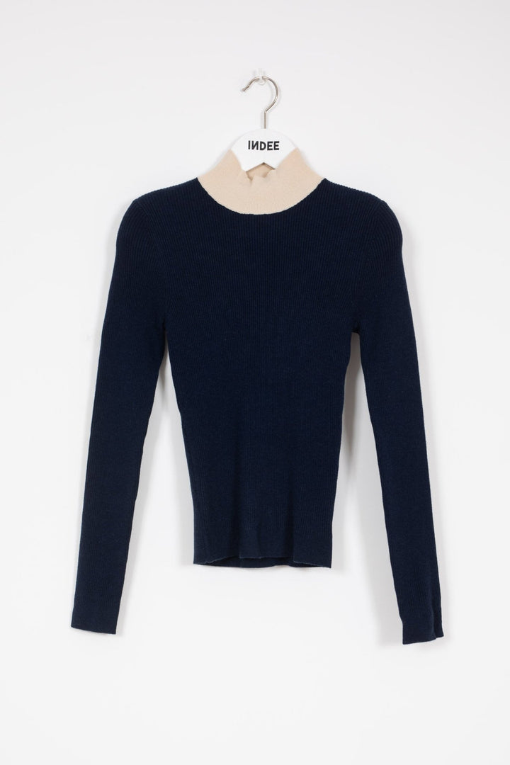 Fine Ribbed Knit Turtleneck - Navy - Posh New York