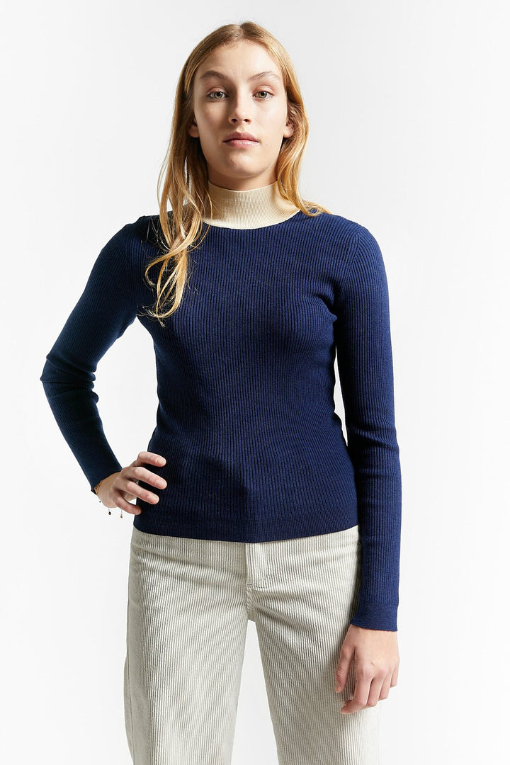 Fine Ribbed Knit Turtleneck - Navy - Posh New York