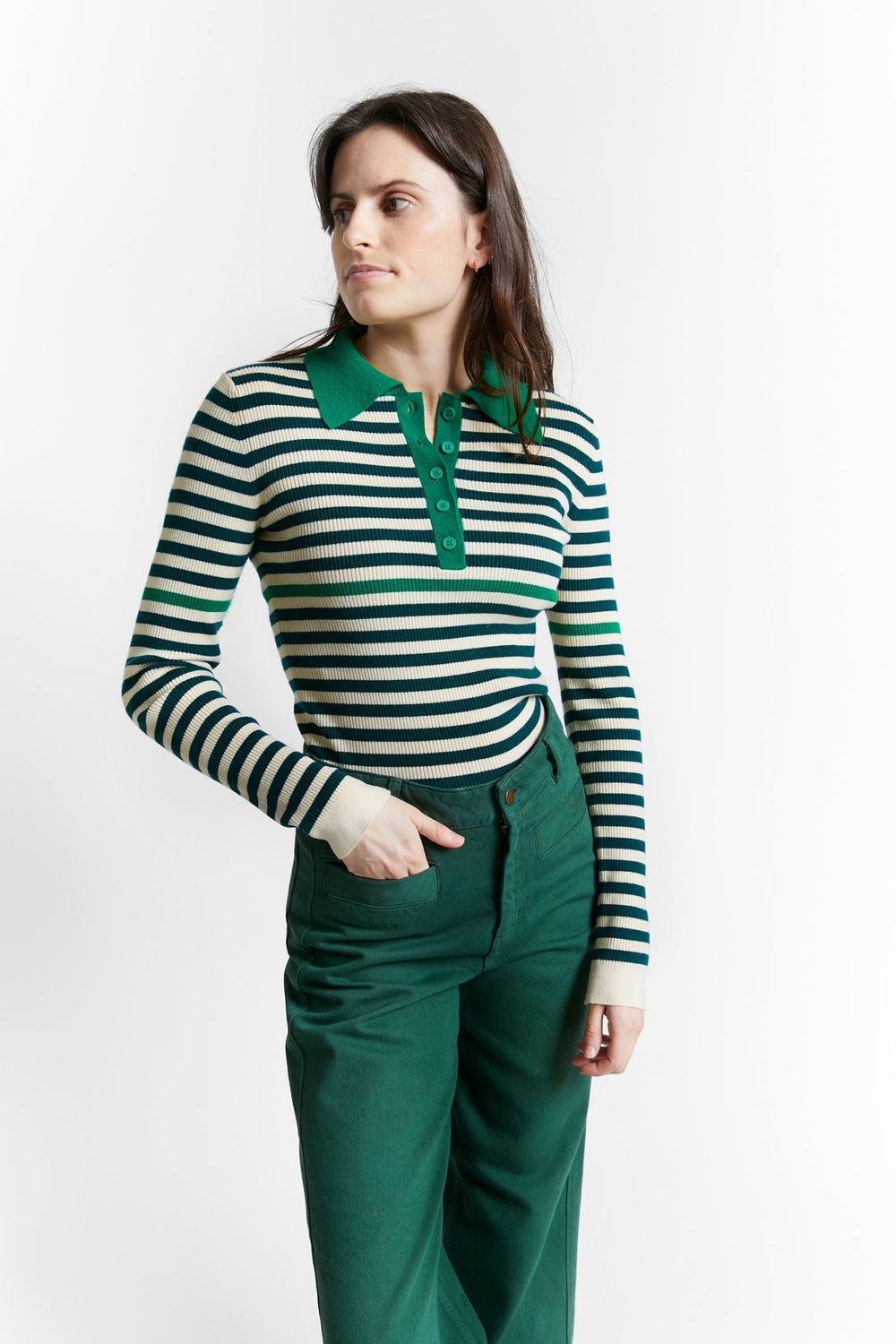 Fine Ribbed Knitted Striped Polo Pullover - Green - Posh New York