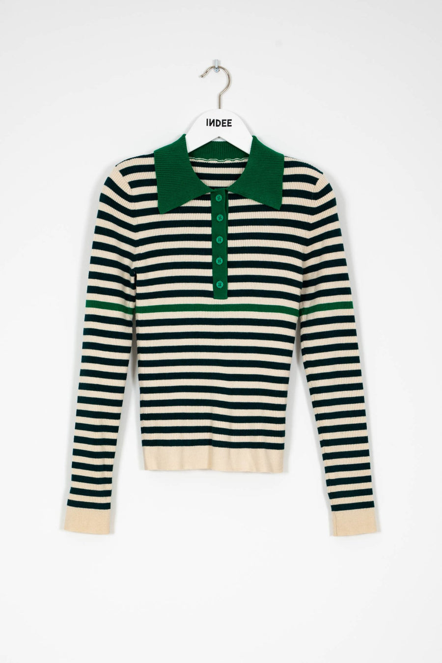 Fine Ribbed Knitted Striped Polo Pullover - Green - Posh New York