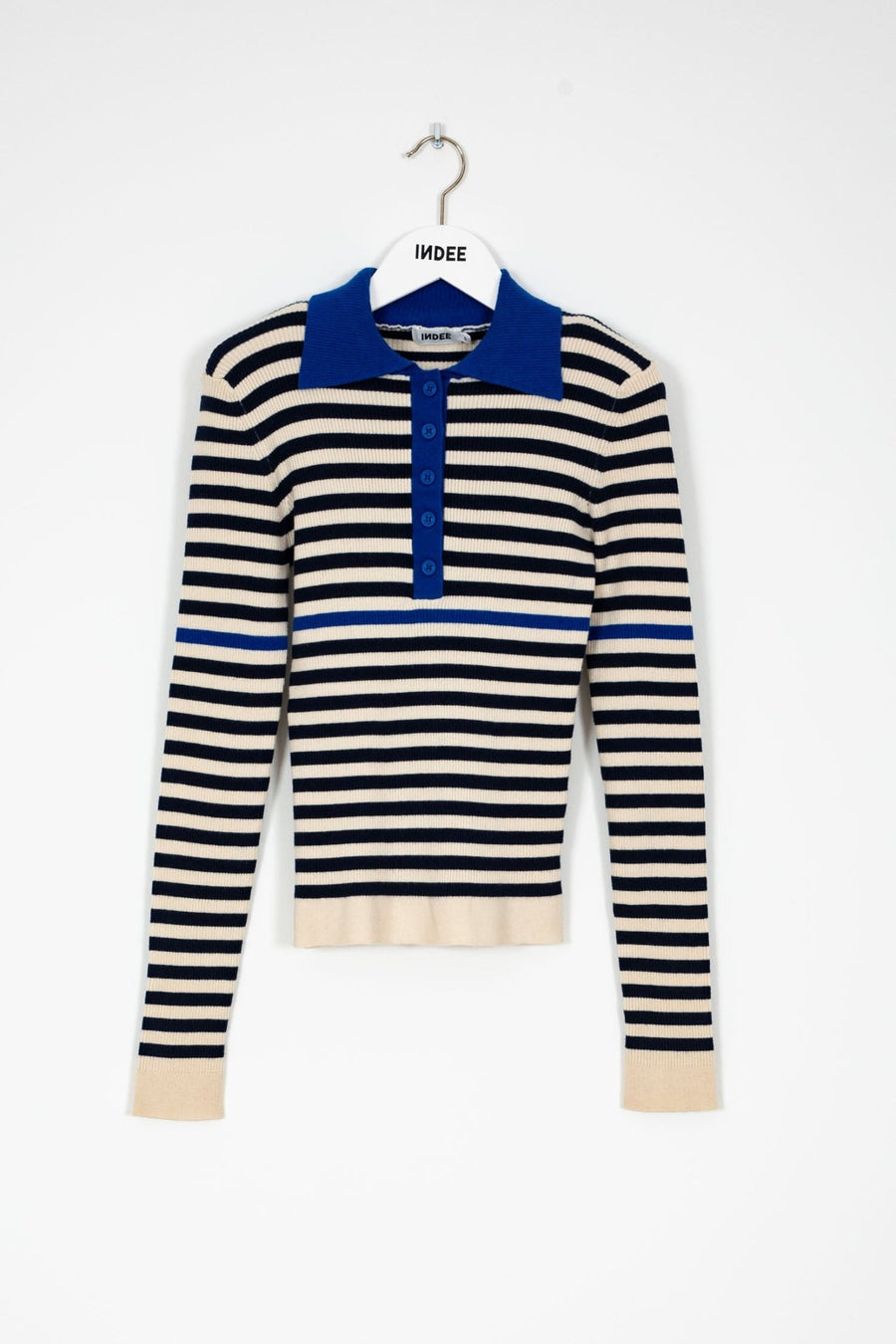 Fine Ribbed Knitted Striped Polo Pullover - Navy - Posh New York