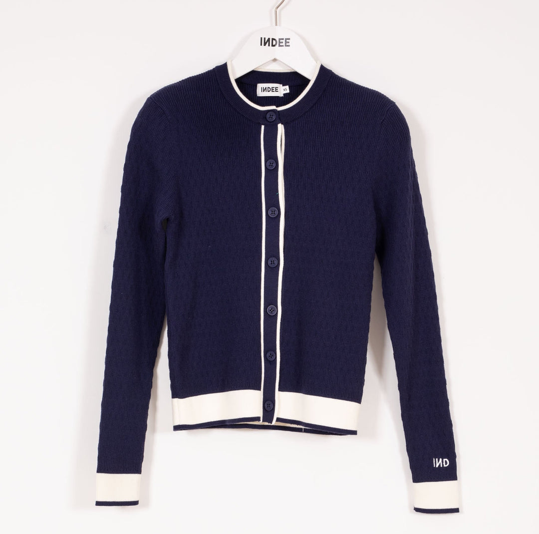 Fitted Cardigan With Contrasts - Navy - Posh New York