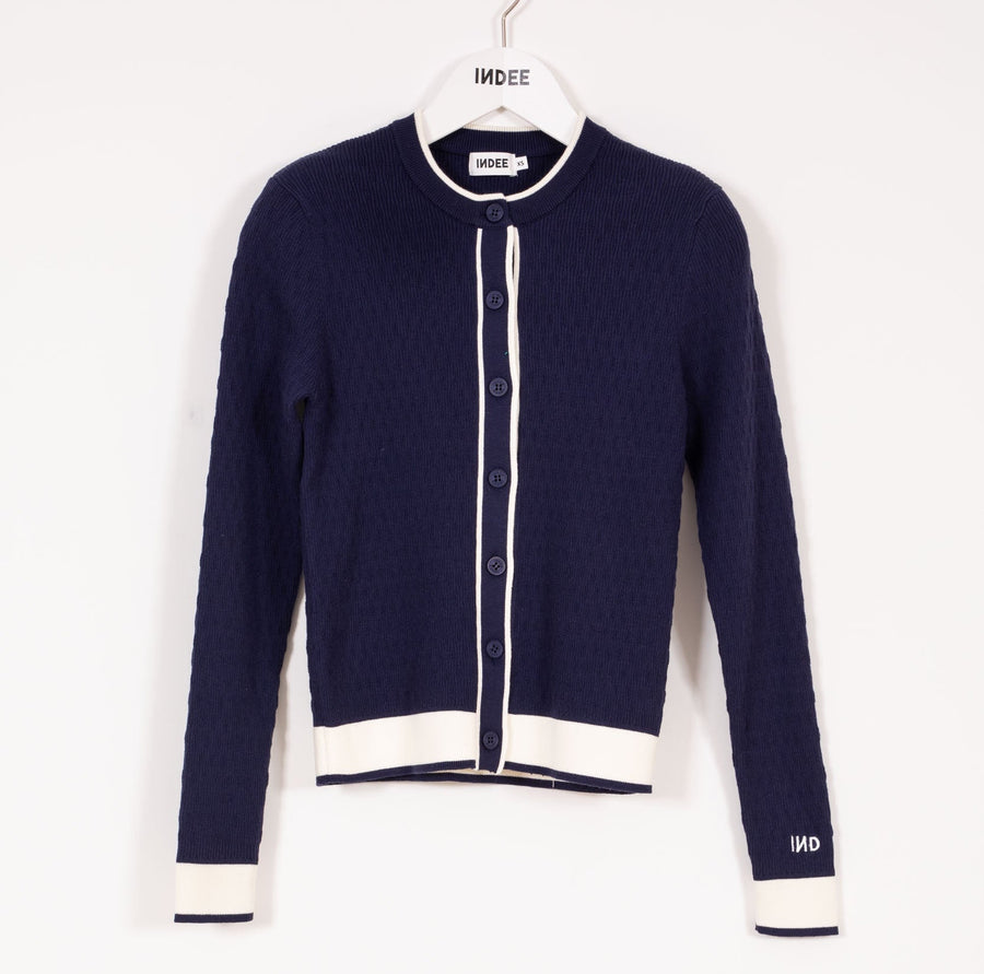 Fitted Cardigan With Contrasts - Navy - Posh New York