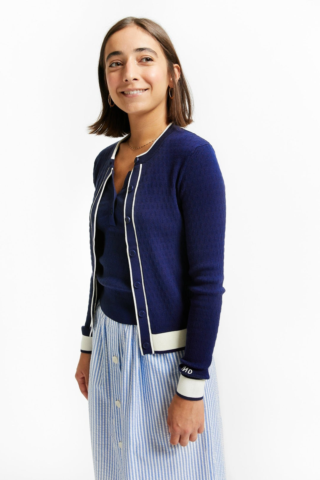 Fitted Cardigan With Contrasts - Navy - Posh New York