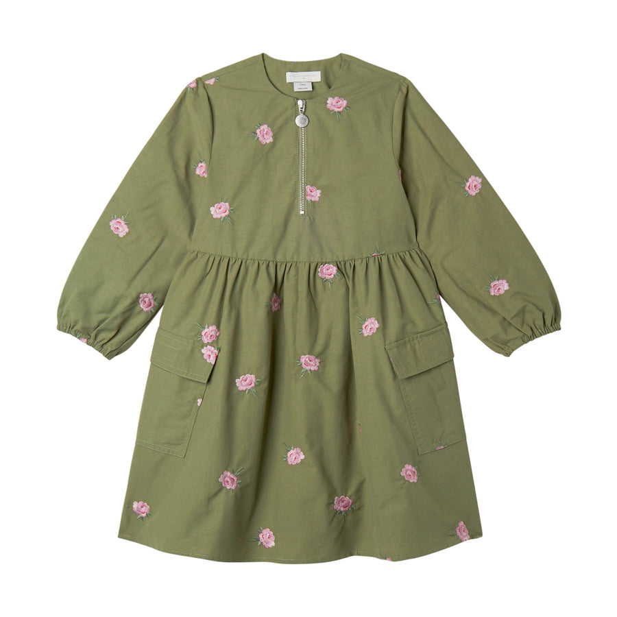 Girl LS Embro Ditsy Roses Canvas Dress - Green - Posh New York
