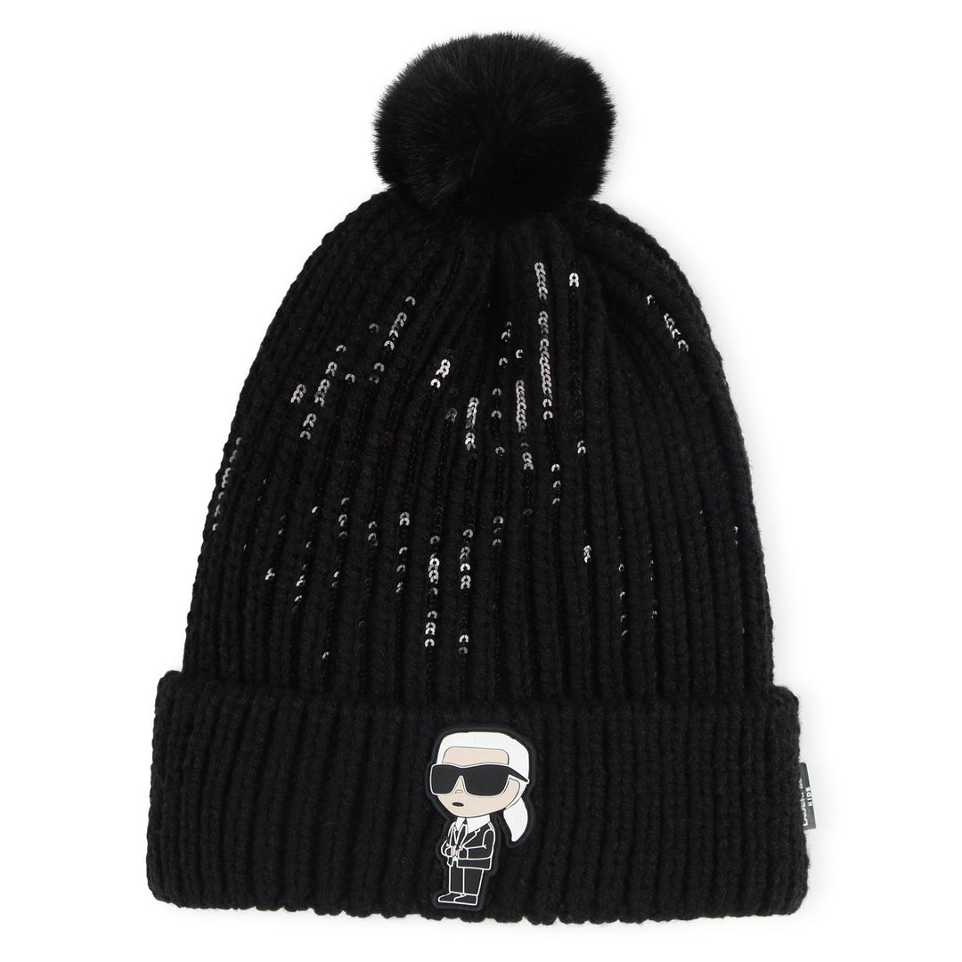 Girl Pom Pom Beanie Knit with Sequins - Black - Posh New York