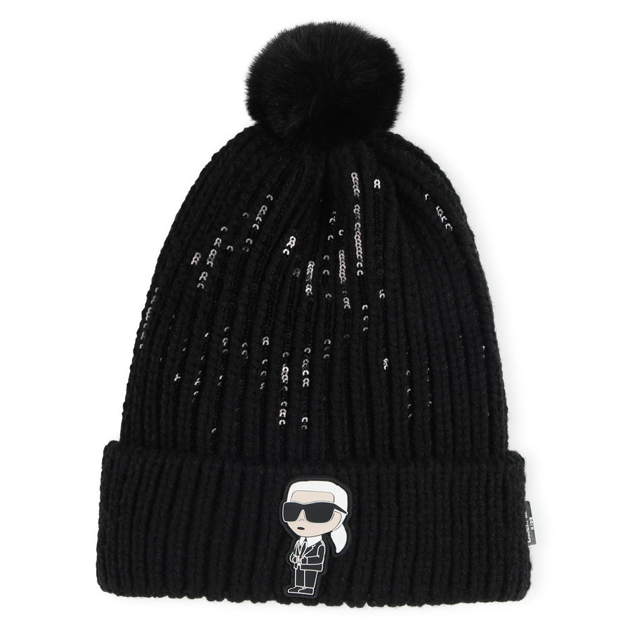 Girl Pom Pom Beanie Knit with Sequins - Black - Posh New York