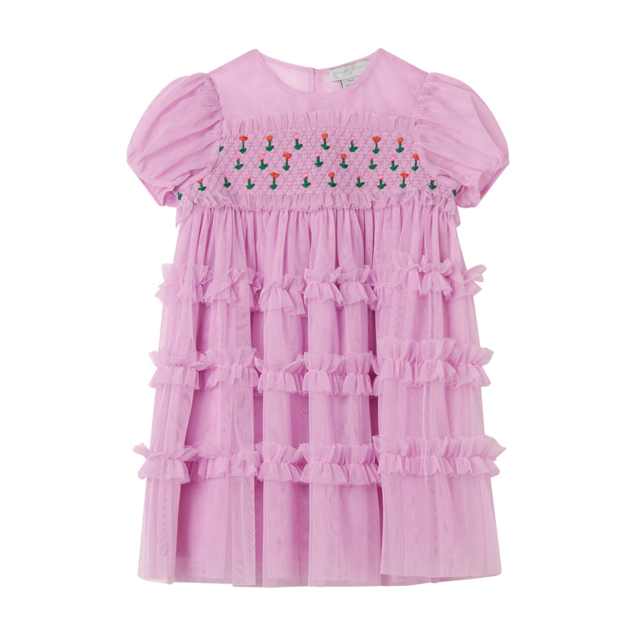 Girl SS Tulle Dress with Flowers Embro and Smocking - Pink - Posh New York