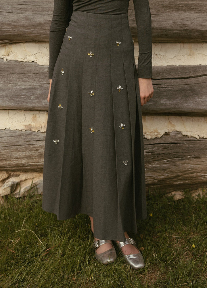 Grey Pleated Skirt with Jewels - Grey - Posh New York