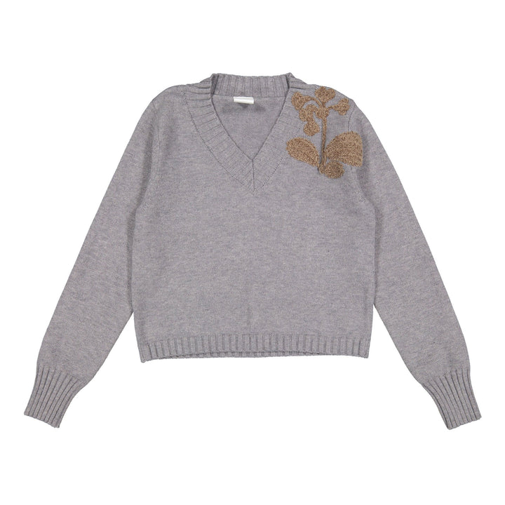 Grey V Neck Detalied Sweater - Grey - Posh New York