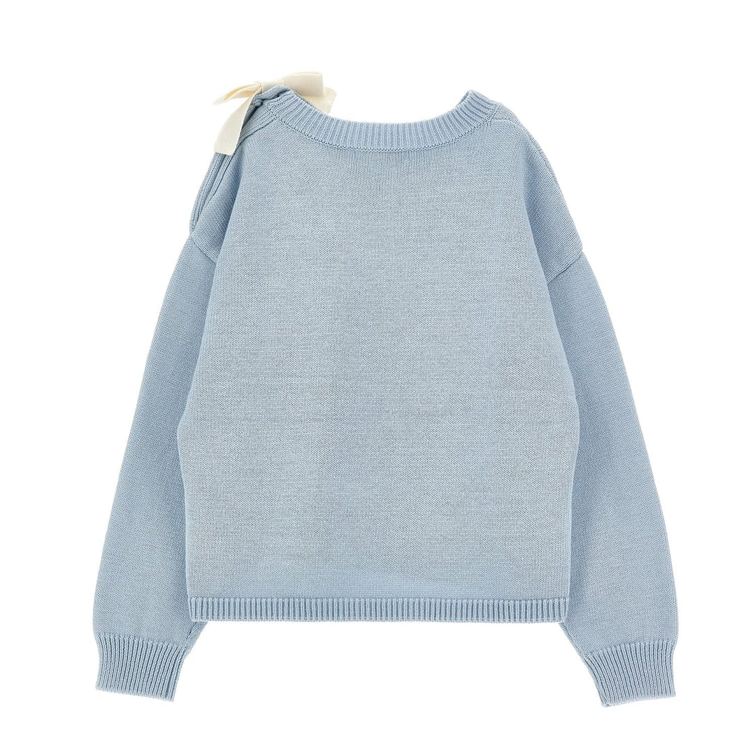 Knit Logo Sweater With Button On Shoulder With Bow - 0058 Baby Blue - Posh New York