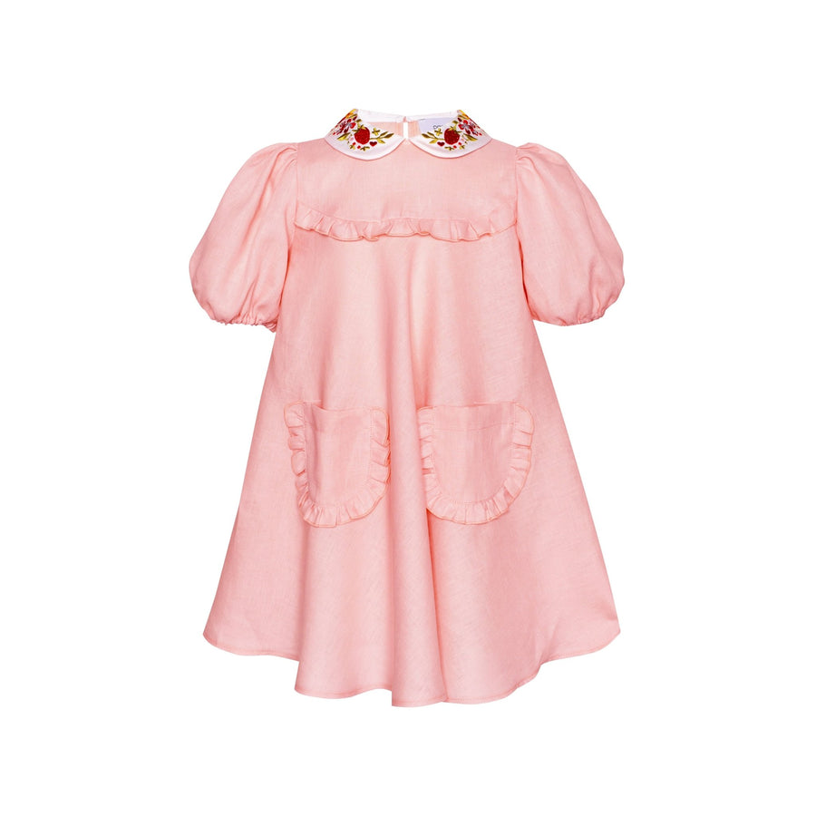 Linen Dress with Embroidered Collar Afternoon - Pink - Posh New York