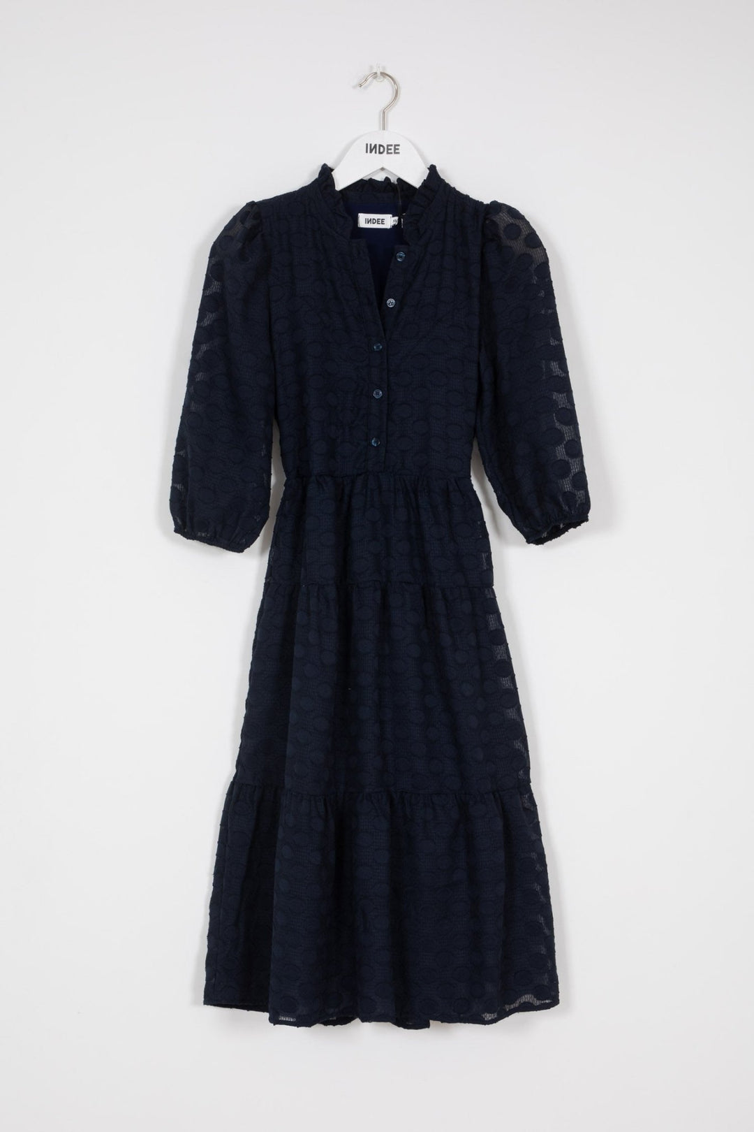 Long Dress with 3/4 Sleeves Collar and Button - Navy Blue - Posh New York