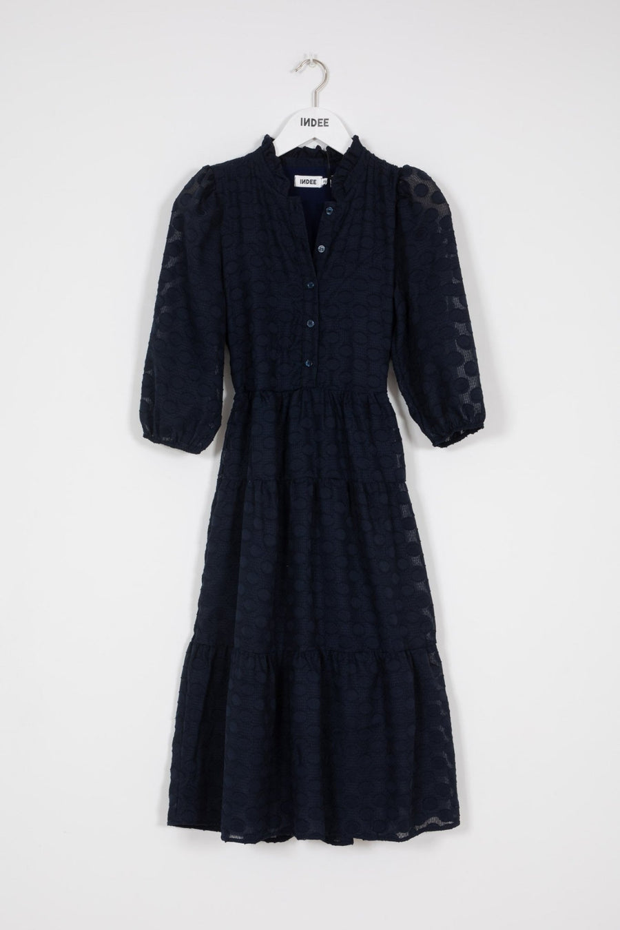 Long Dress with 3/4 Sleeves Collar and Button - Navy Blue - Posh New York