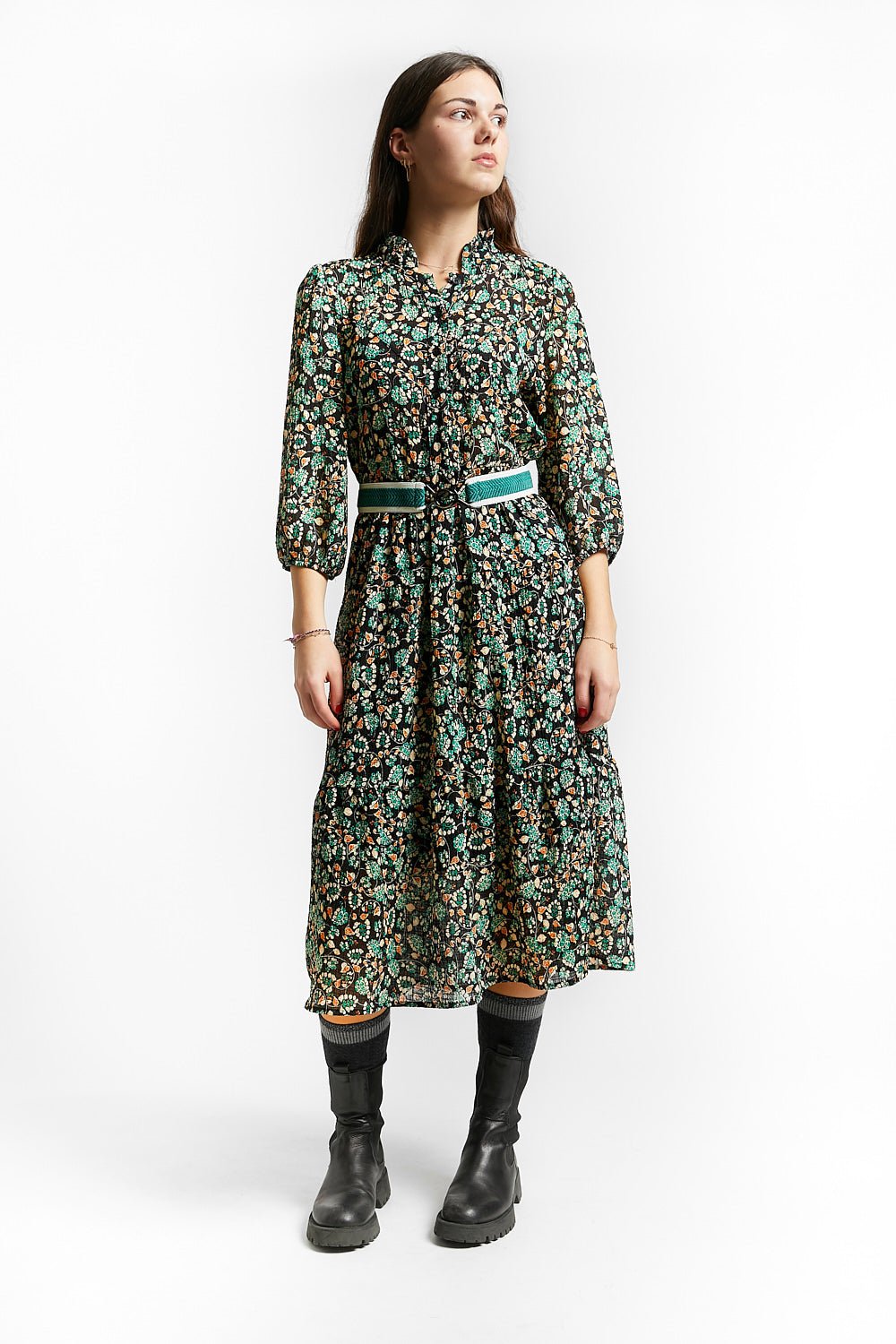 Long Dress with 3/4 Sleeves Collar and Button - Prairy Green - Posh New York