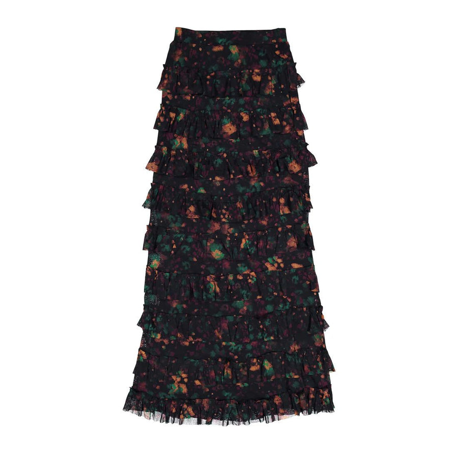 Mesh Dark Floral Ruffle Skirt - Black - Posh New York