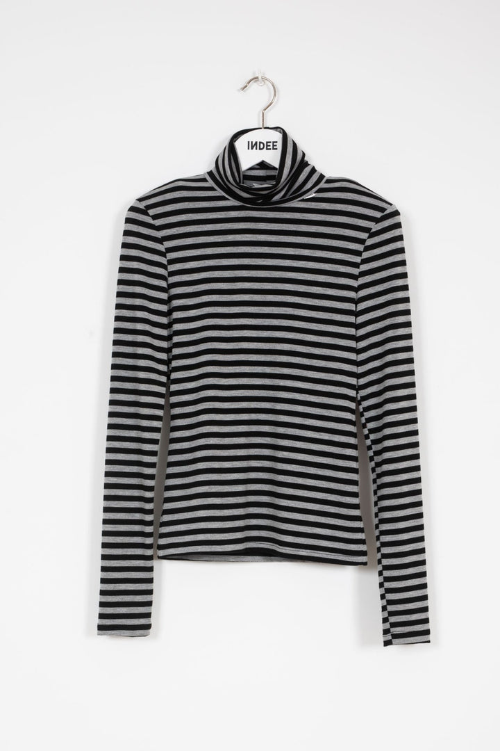 Mock Neck LS Striped Top - Black - Posh New York