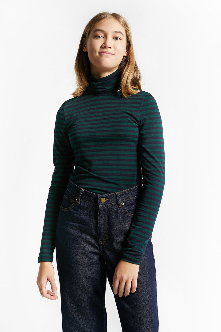 Mock Neck LS Striped Top - Green - Posh New York