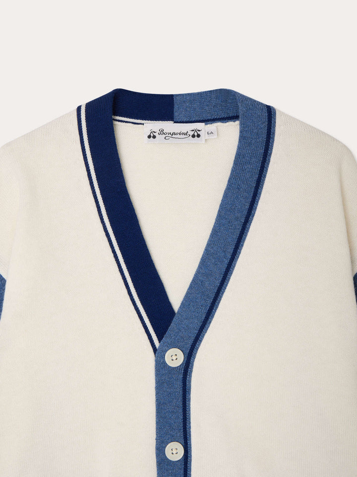 Navy And White V - Neck Cardigan - RA Blanc Lait 202 - Posh New York