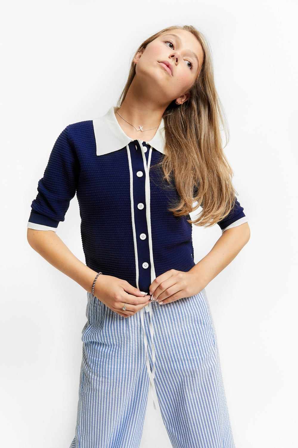 Polo Collar Cardigan Short SL - Navy - Posh New York