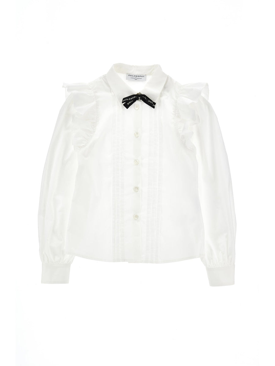 Poplin Blouse With Removable Logo Bow On Neck - 0001 White - Posh New York