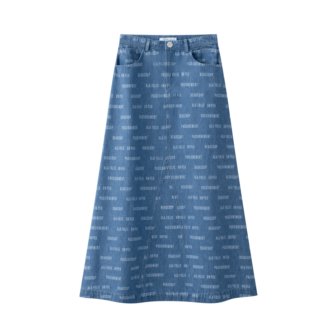 Printed Denim Skirt Midi - Blue Denim - Posh New York