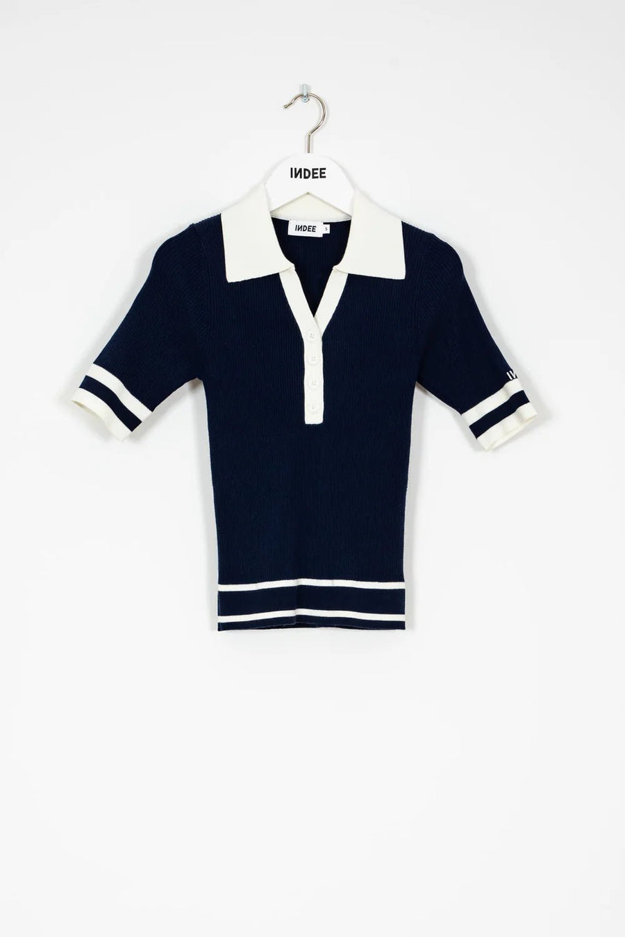 Ribbed Bicolor V Neck Polo - Navy - Posh New York