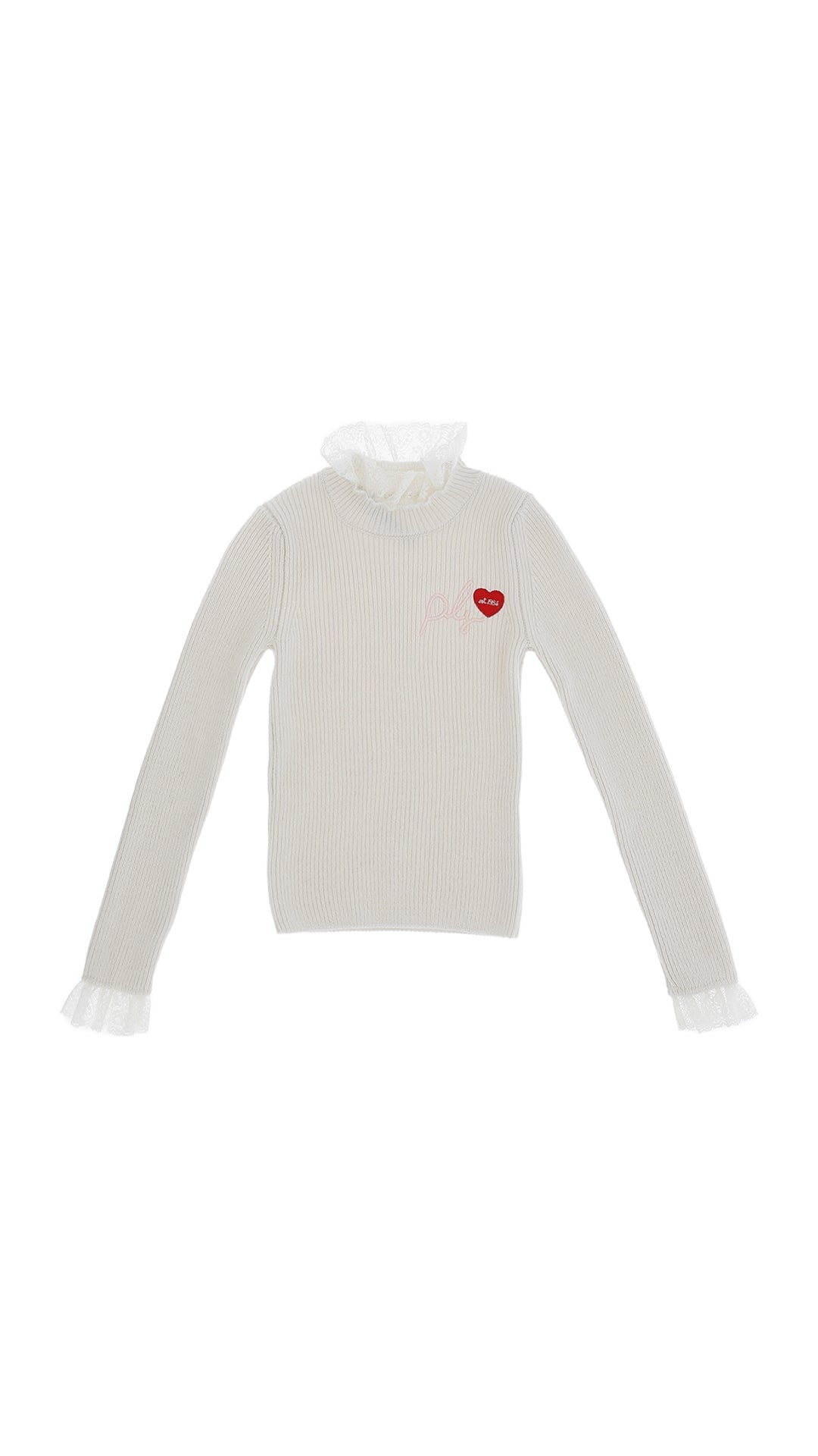 Ribbed Sweater with Lace Edges and Logo Embro - Cream - Posh New York