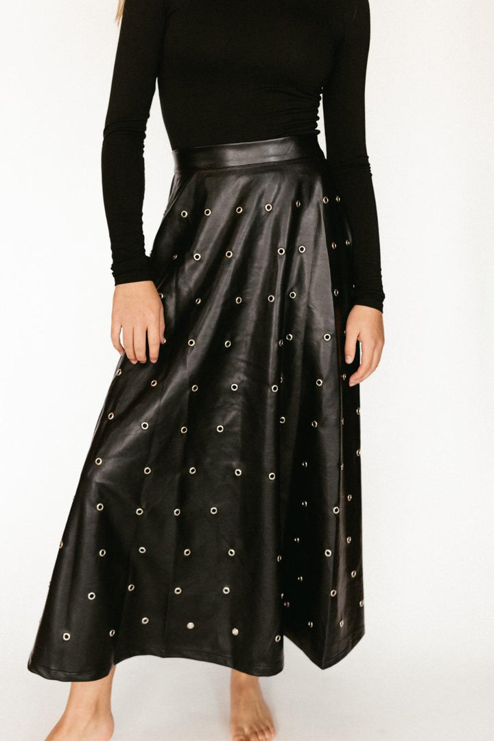 Rings Black Leather Maxi Skirt - Black - Posh New York