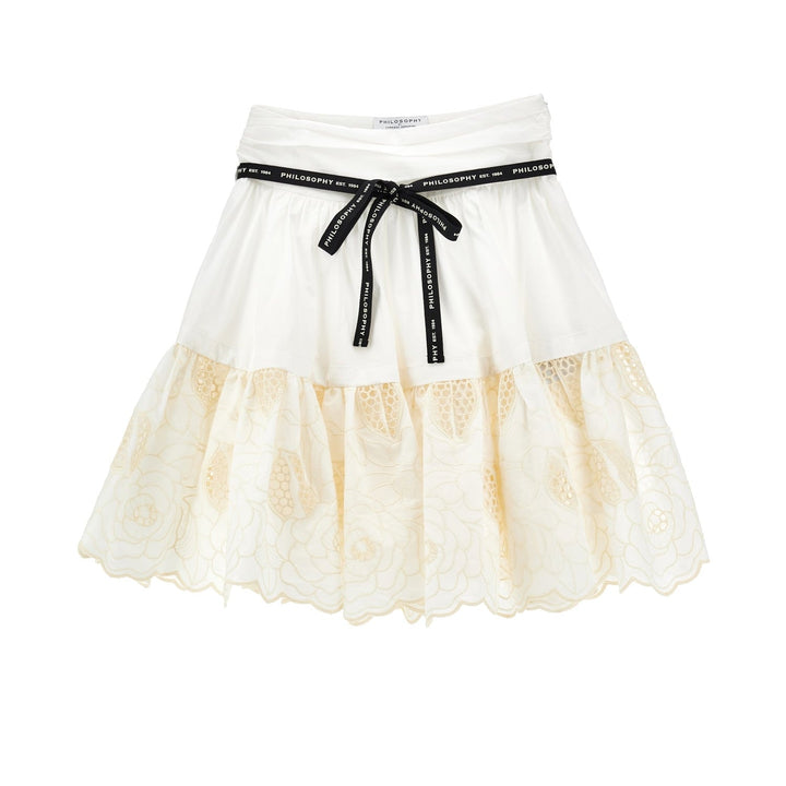 Skirt With Embroidered Detail & Logo Ribbon Tie - 0102 Off White - Posh New York