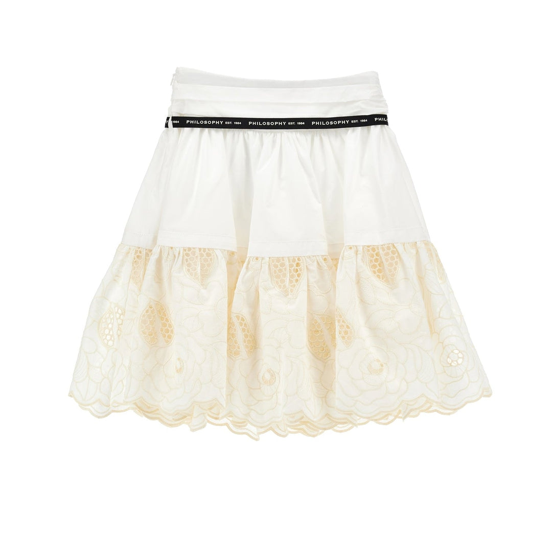 Skirt With Embroidered Detail & Logo Ribbon Tie - 0102 Off White - Posh New York