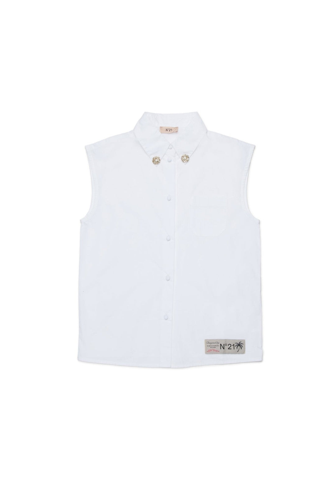 SLVLESS BUTTON UP SHIRT W/ JEWEL COLLAR - White - Posh New York