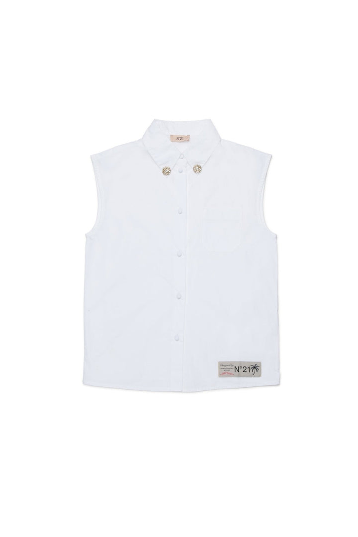 SLVLESS BUTTON UP SHIRT W/ JEWEL COLLAR - White - Posh New York