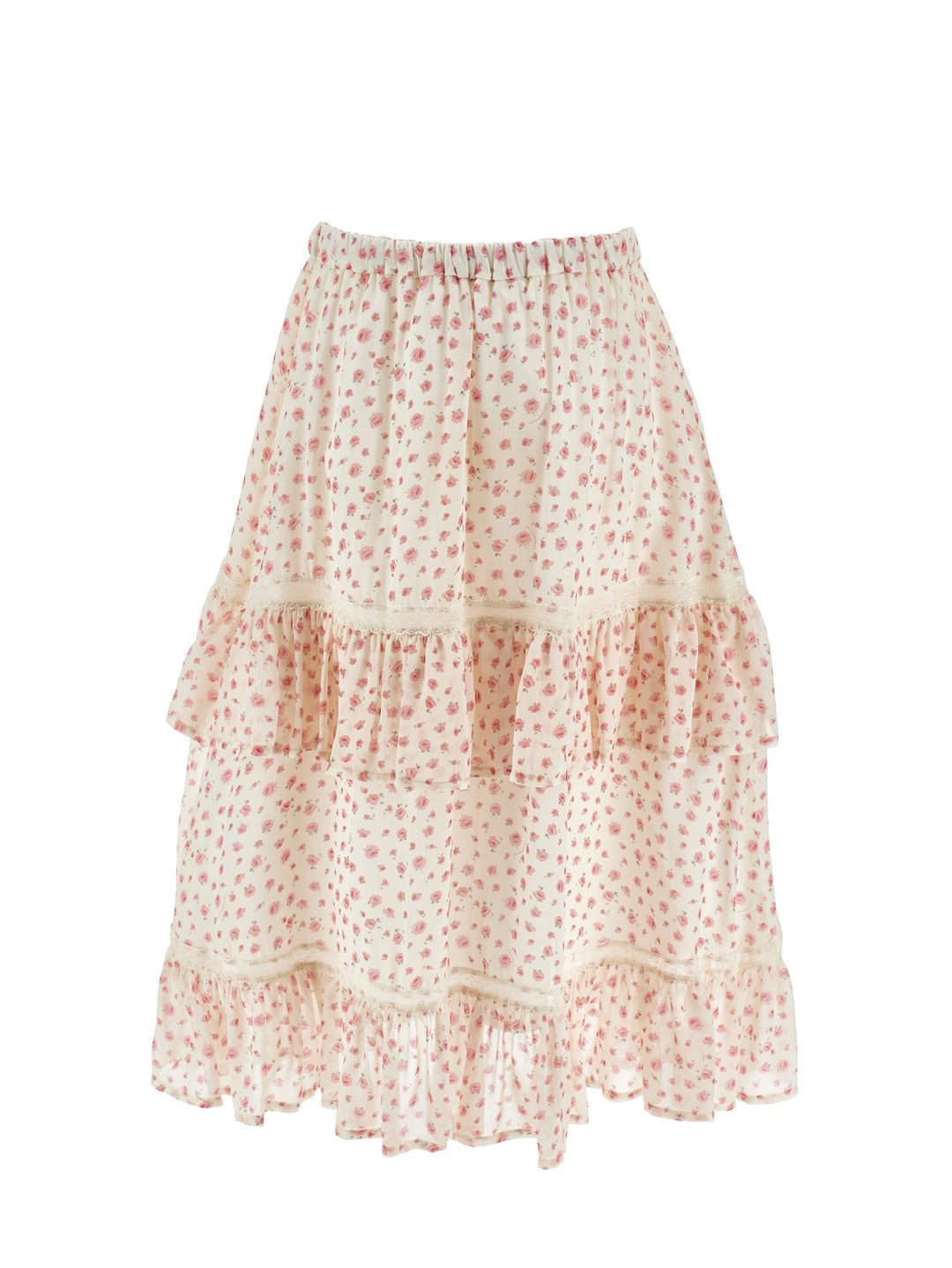 Small Rose Print Long Skirt - 0294 Wht Pink - Posh New York