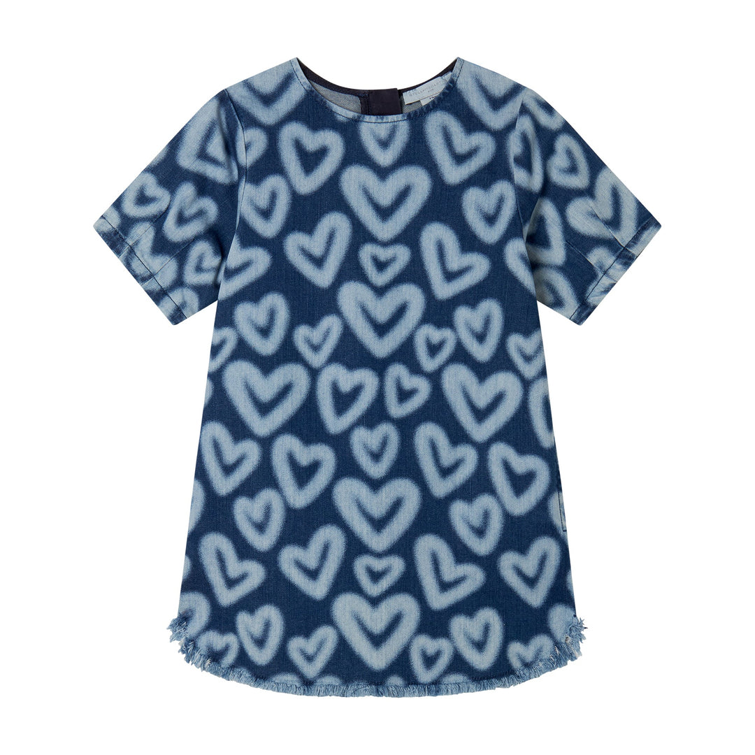 Spray Bleached Hearts Denim Dress - Blue - Posh New York