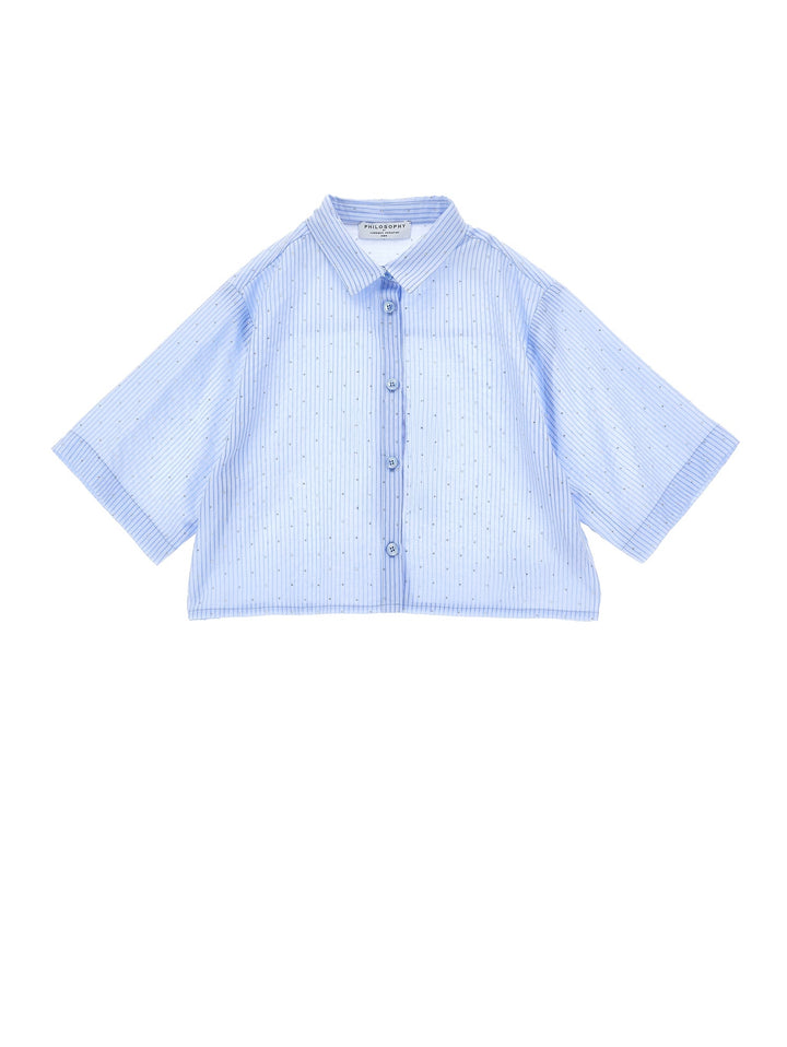 SS Boxy Button Up Shirt With Allover Stones - 0058 Blue - Posh New York