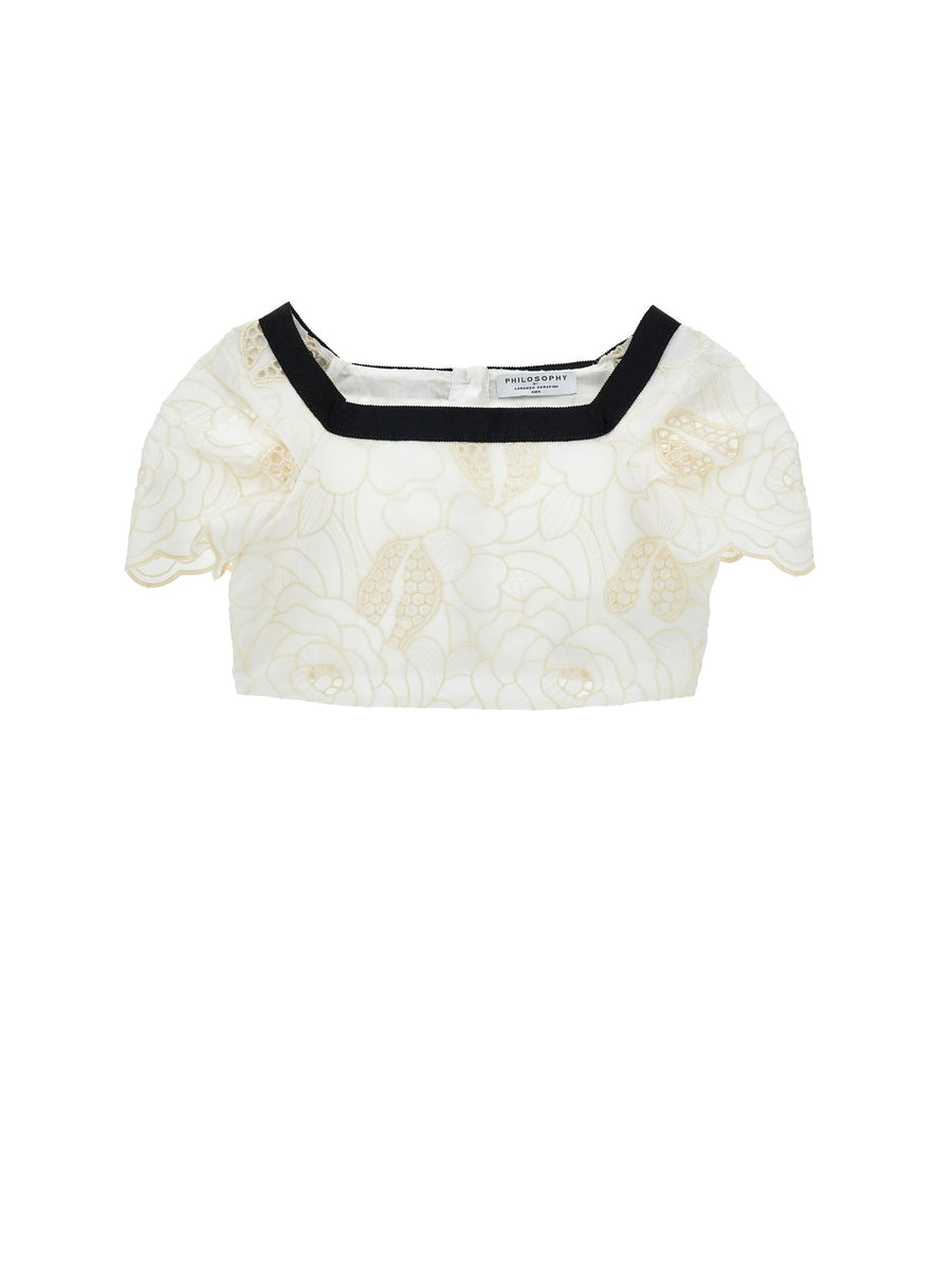 SS Cropped Blouse With Floral Embroideries - 0102 White - Posh New York
